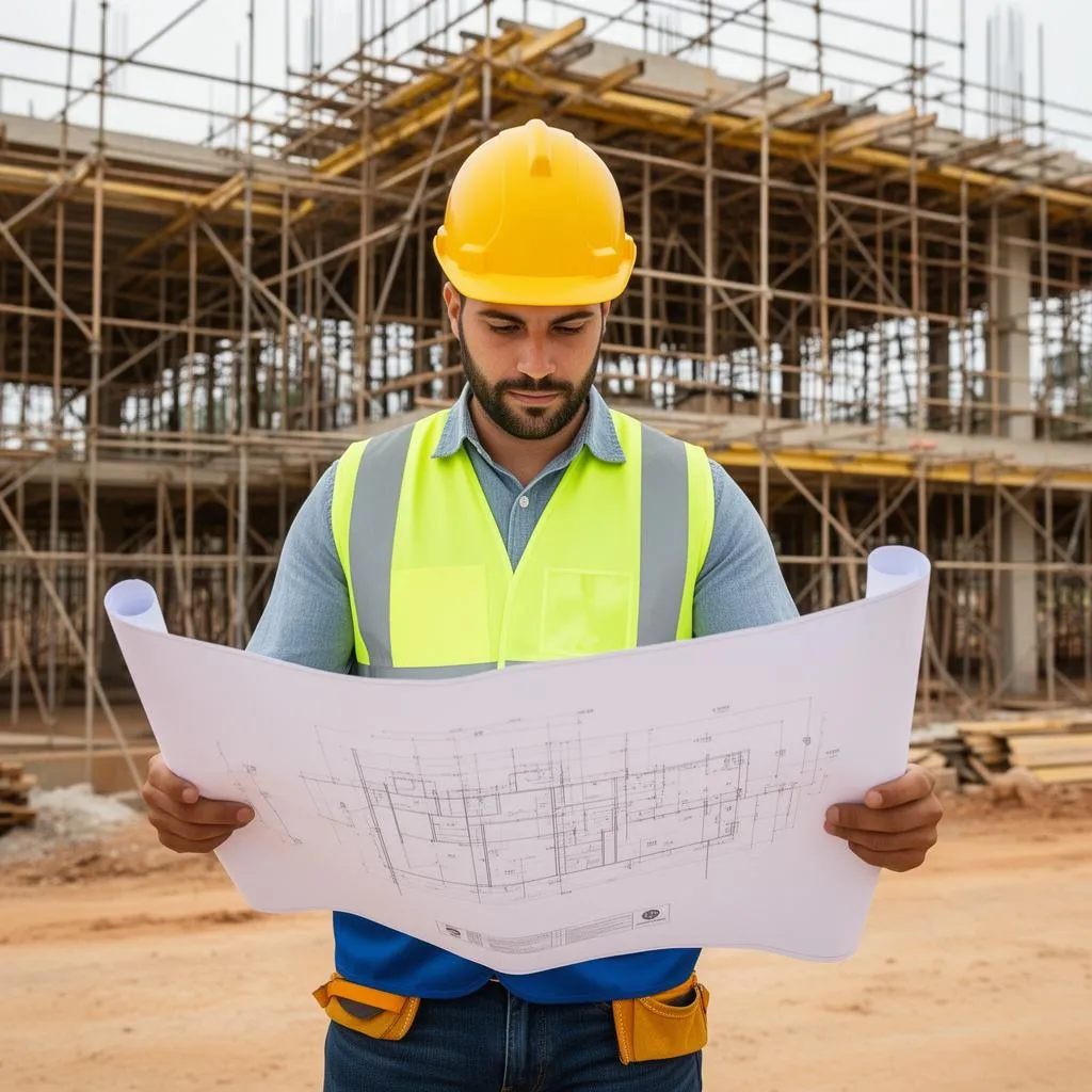 Engenheiro conferindo planta durante visita técnica em obra